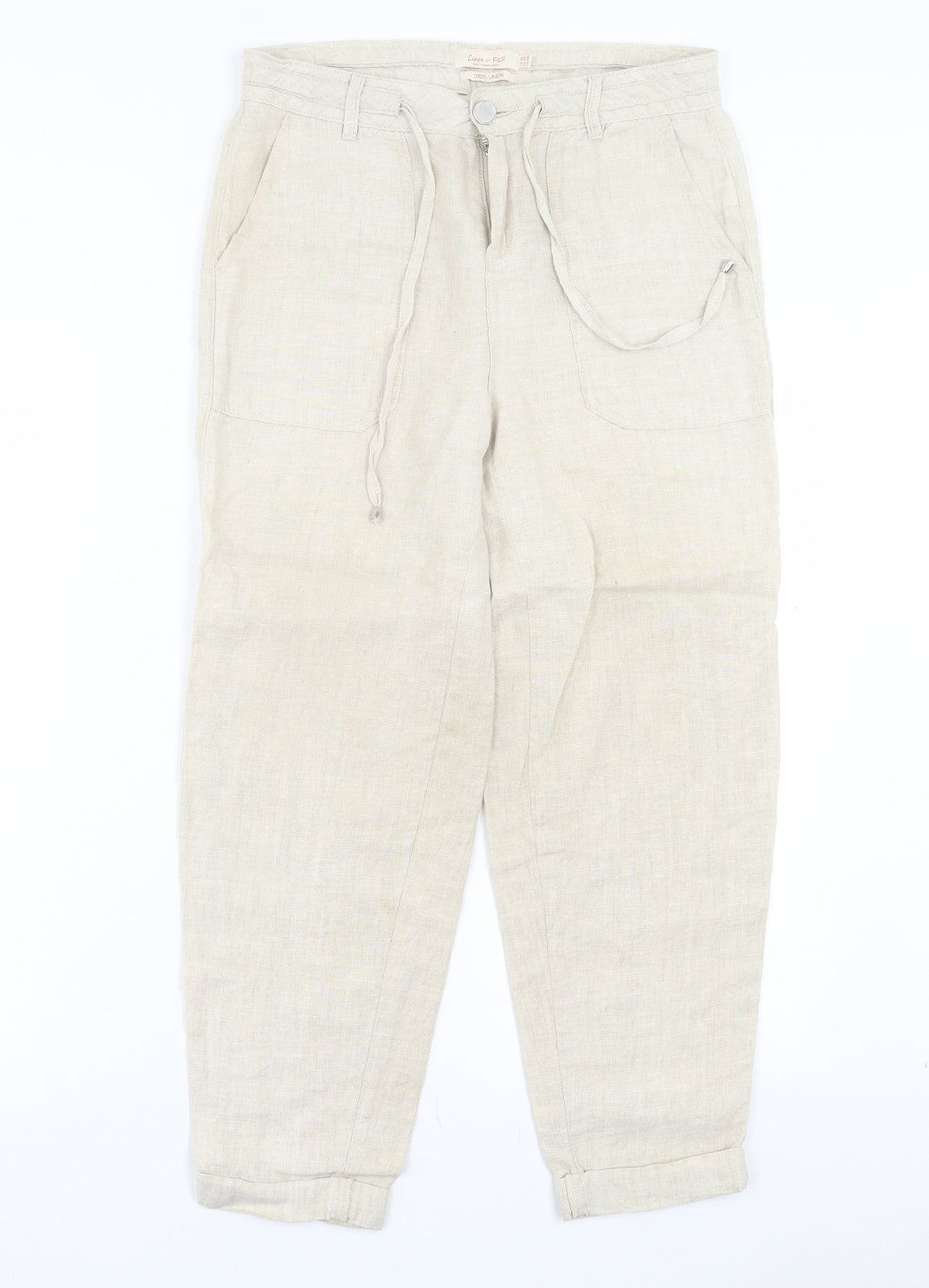 F&F Womens Beige Linen Trousers Size 6 L25 in Regular Button