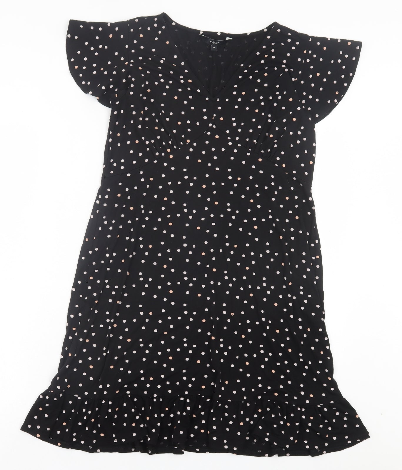 NEXT Womens Black Polka Dot Viscose A-Line Size 14 V-Neck Pullover