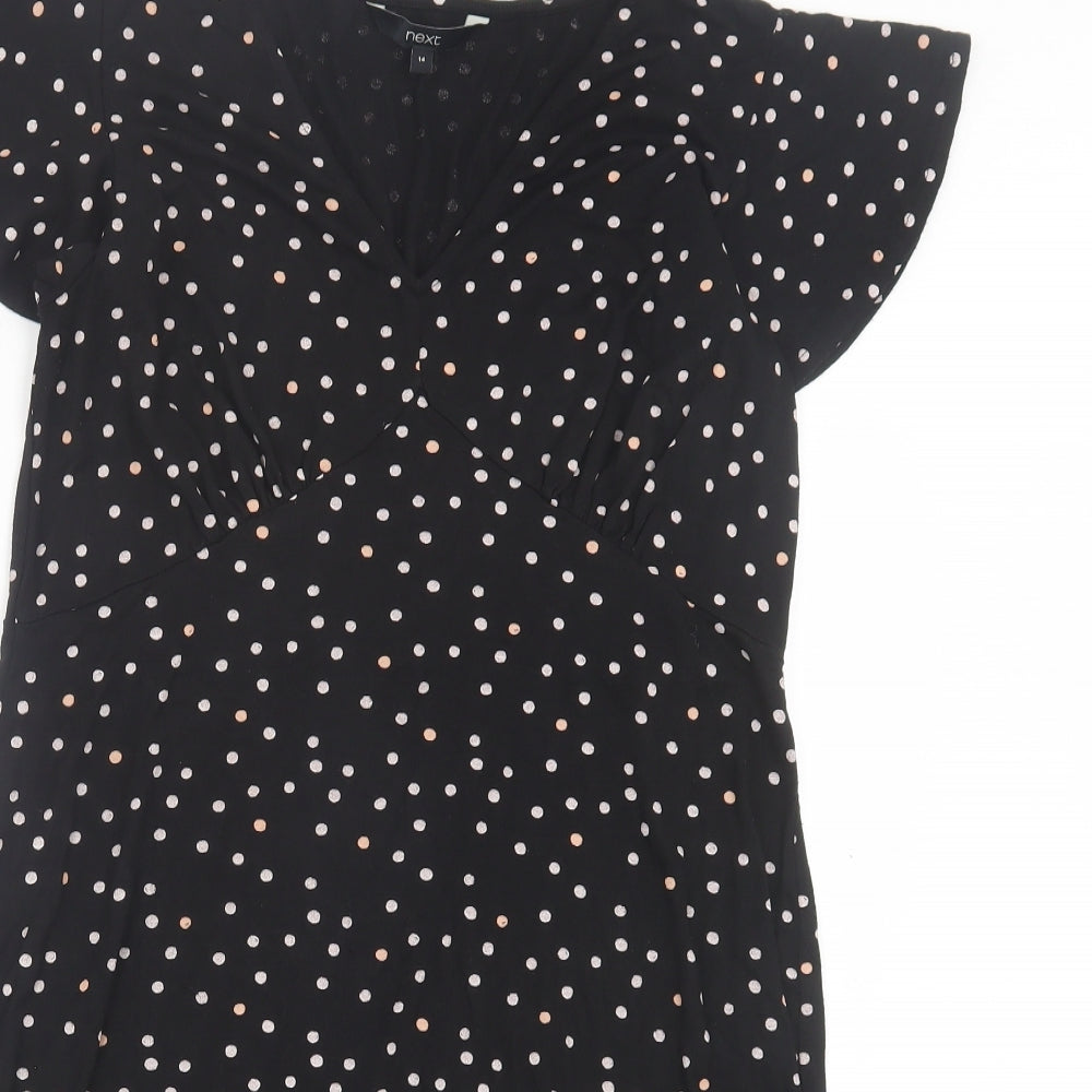 NEXT Womens Black Polka Dot Viscose A-Line Size 14 V-Neck Pullover