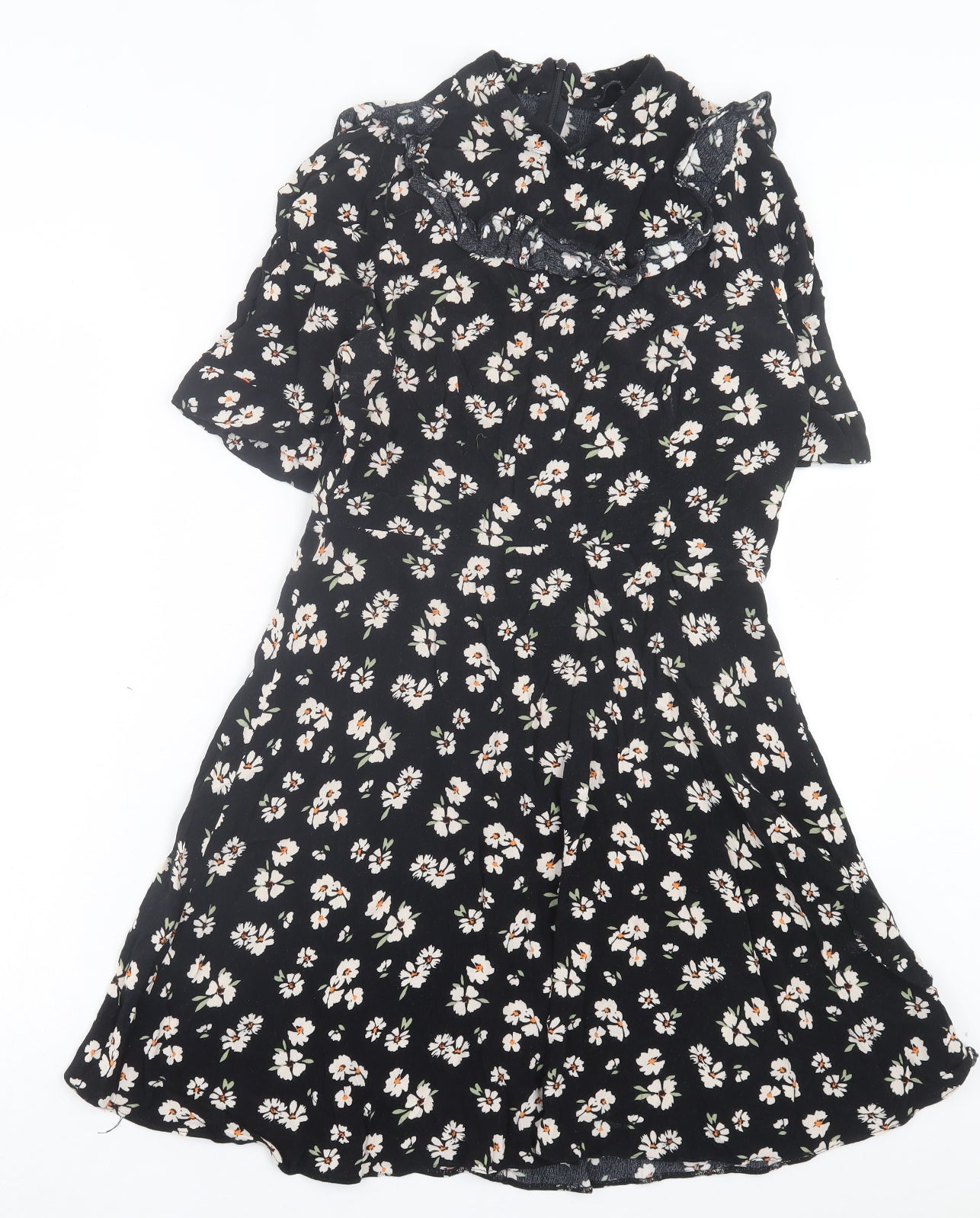 F&F Womens Black Floral Viscose A-Line Size 14 V-Neck Zip