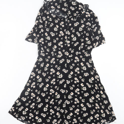 F&F Womens Black Floral Viscose A-Line Size 14 V-Neck Zip