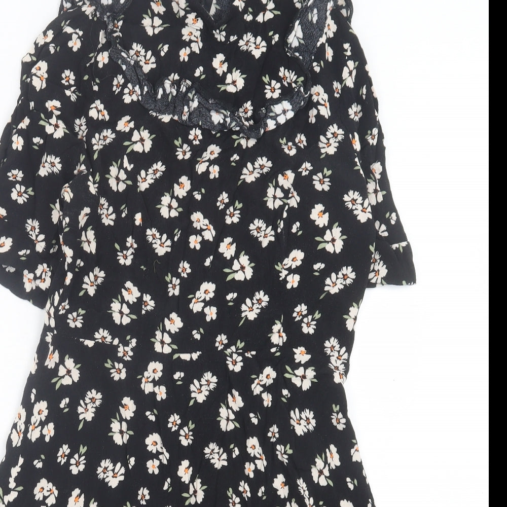 F&F Womens Black Floral Viscose A-Line Size 14 V-Neck Zip