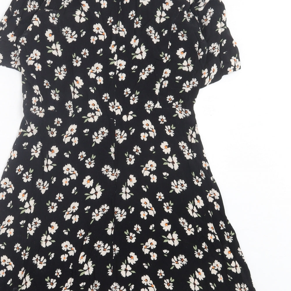 F&F Womens Black Floral Viscose A-Line Size 14 V-Neck Zip