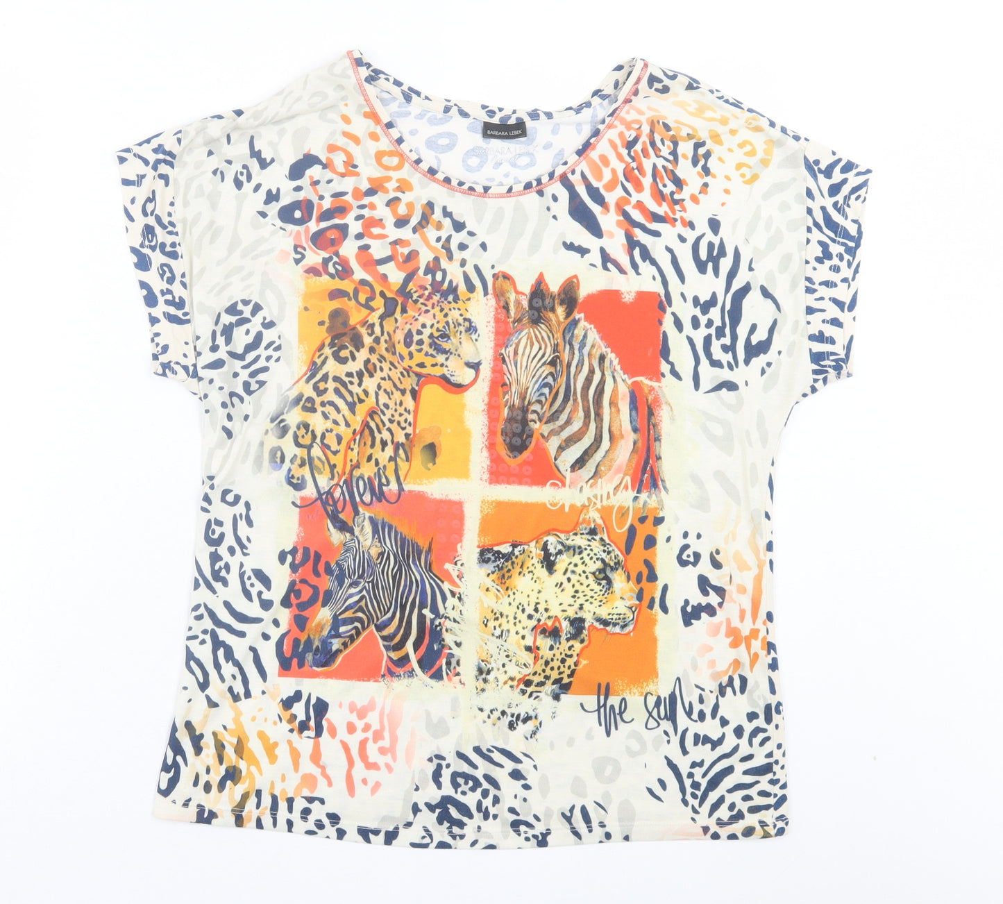 Barbara Lebek Womens Multicoloured Animal Print Polyester Basic T-Shirt Size S Crew Neck - Zebra/wild cats