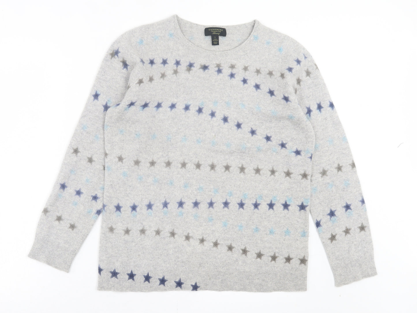 Charter Club Womens Grey Crew Neck Geometric Cashmere Pullover Jumper Size L - Star Pattern