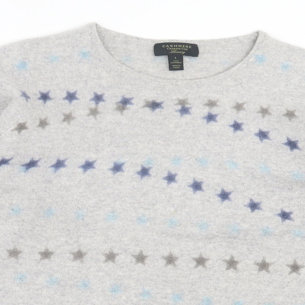 Charter Club Womens Grey Crew Neck Geometric Cashmere Pullover Jumper Size L - Star Pattern