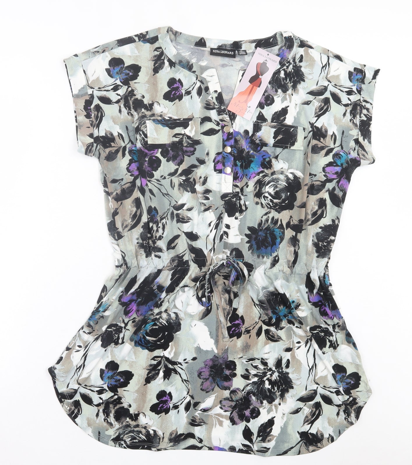 Nina Leonard Womens Multicoloured Floral Polyester A-Line Size XL V-Neck Button