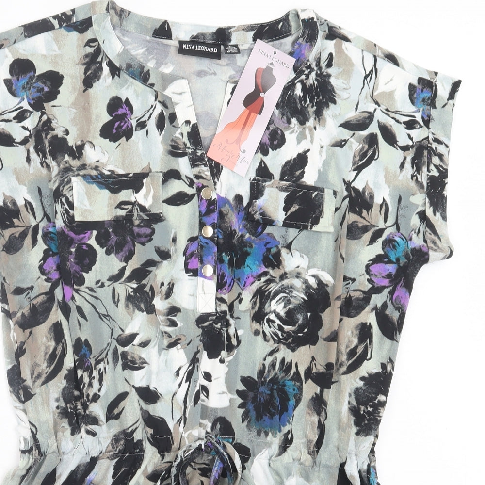 Nina Leonard Womens Multicoloured Floral Polyester A-Line Size XL V-Neck Button