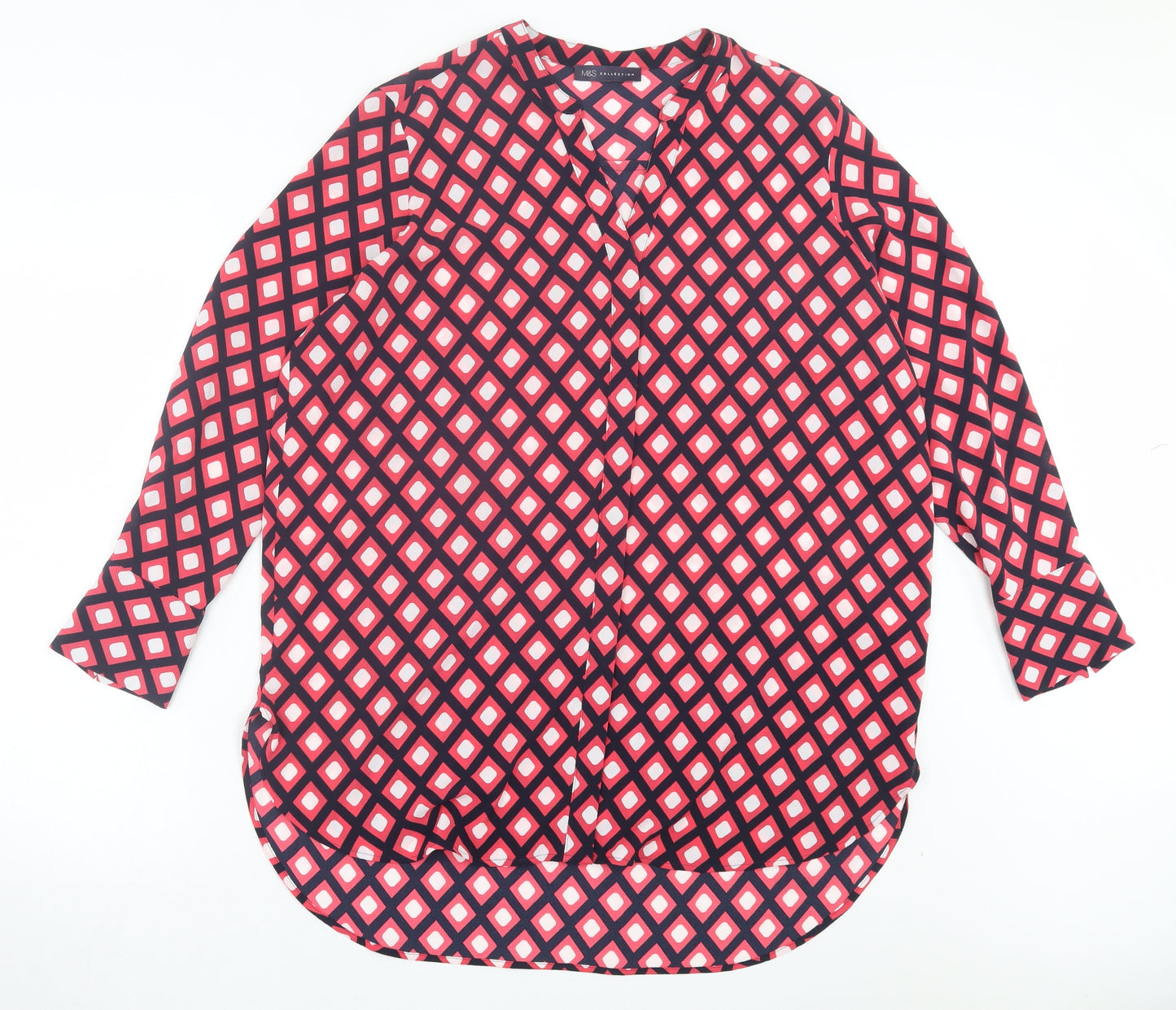 Marks and Spencer Womens Red Argyle/Diamond Polyester Basic Blouse Size 18 V-Neck