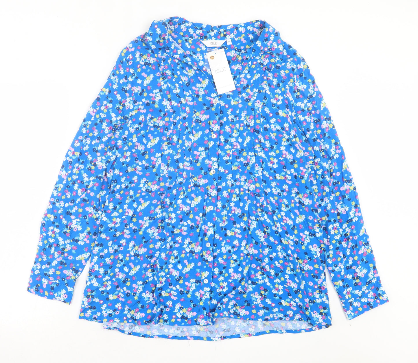 isle Womens Blue Floral Viscose Basic Button-Up Size 16 V-Neck