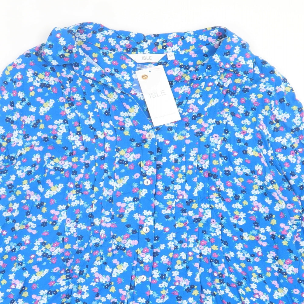 isle Womens Blue Floral Viscose Basic Button-Up Size 16 V-Neck
