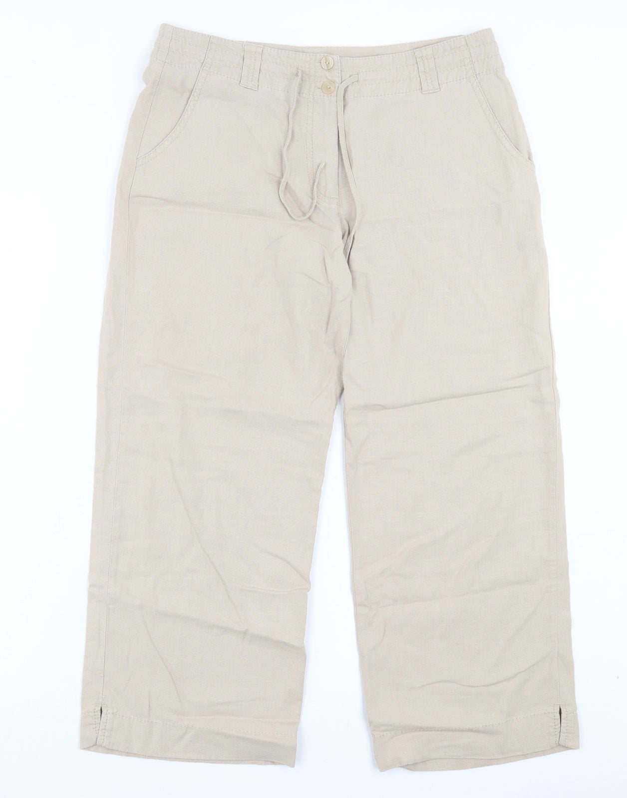 NEXT Womens Beige Linen Cropped Trousers Size 10 L24 in Regular Button