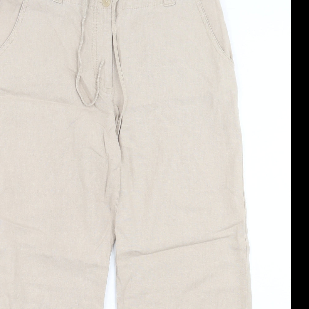 NEXT Womens Beige Linen Cropped Trousers Size 10 L24 in Regular Button