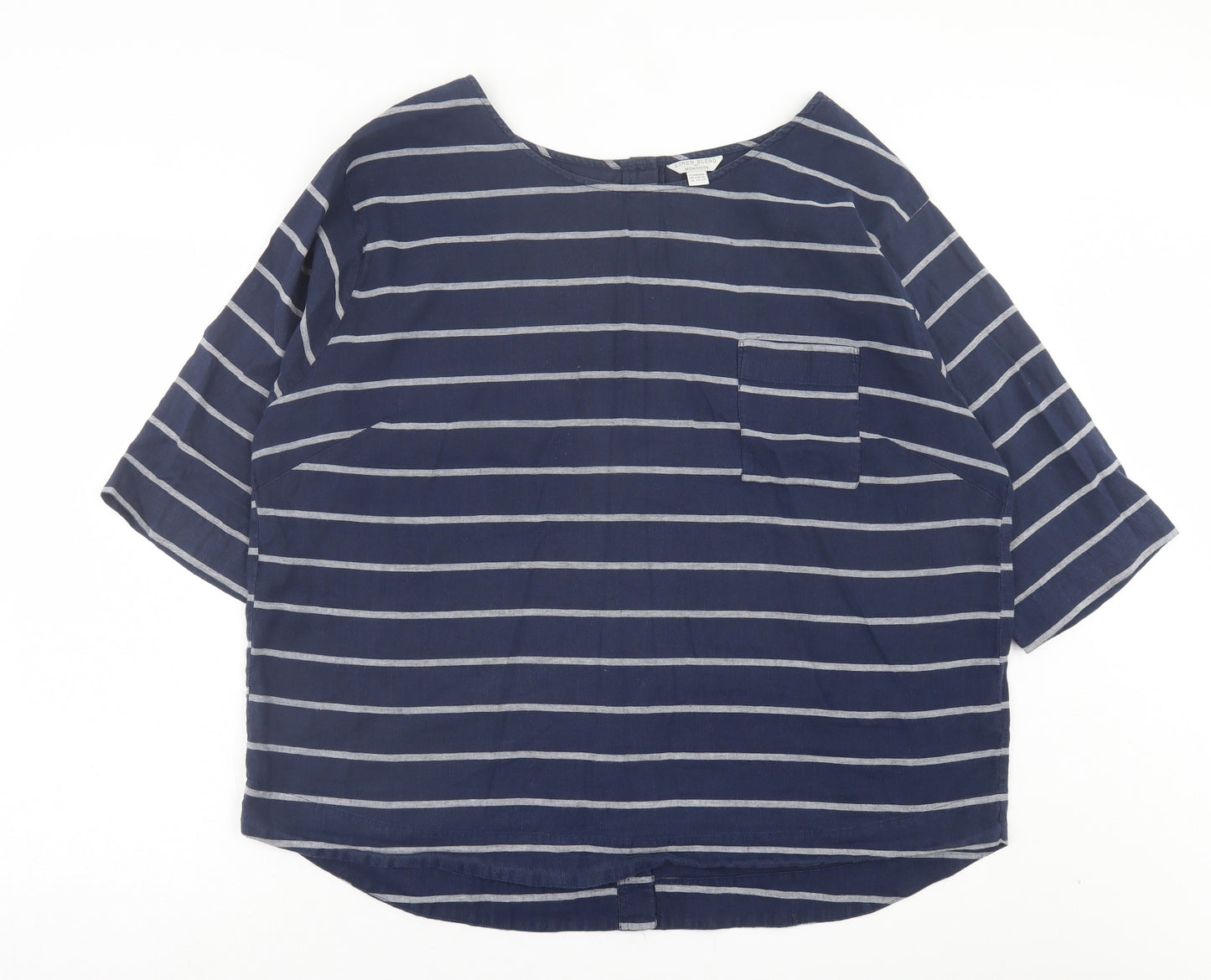 Monsoon Womens Blue Striped Linen Basic T-Shirt Size 18 Crew Neck - Pocket Detail