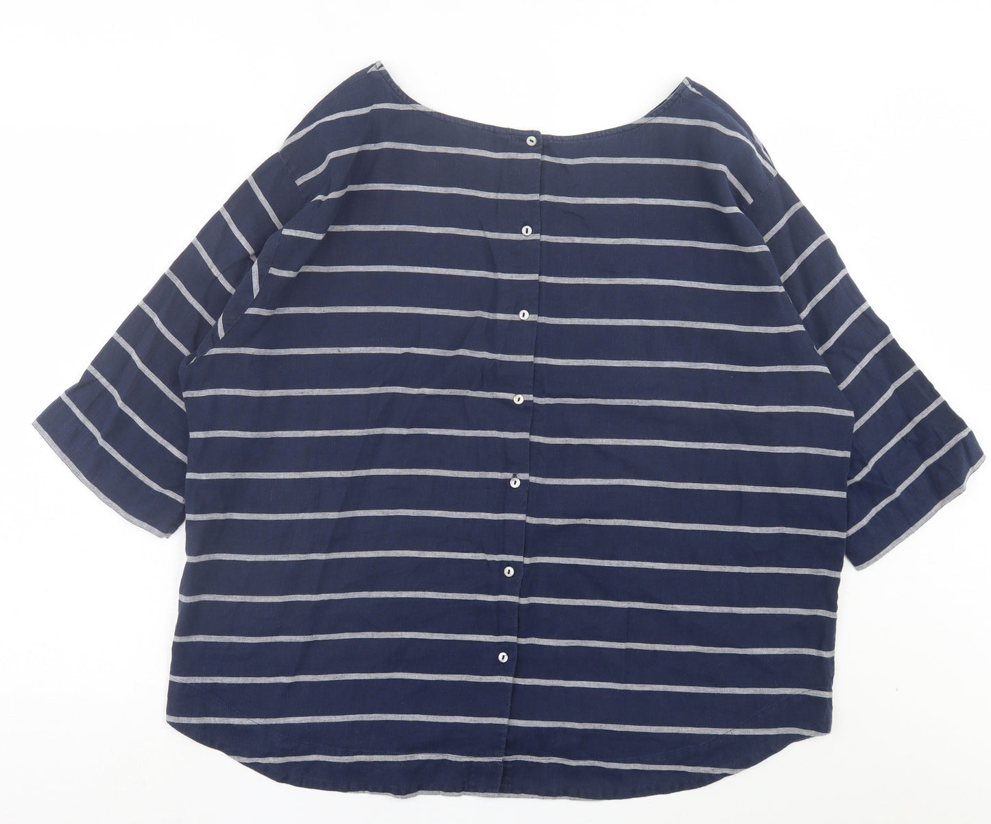 Monsoon Womens Blue Striped Linen Basic T-Shirt Size 18 Crew Neck - Pocket Detail
