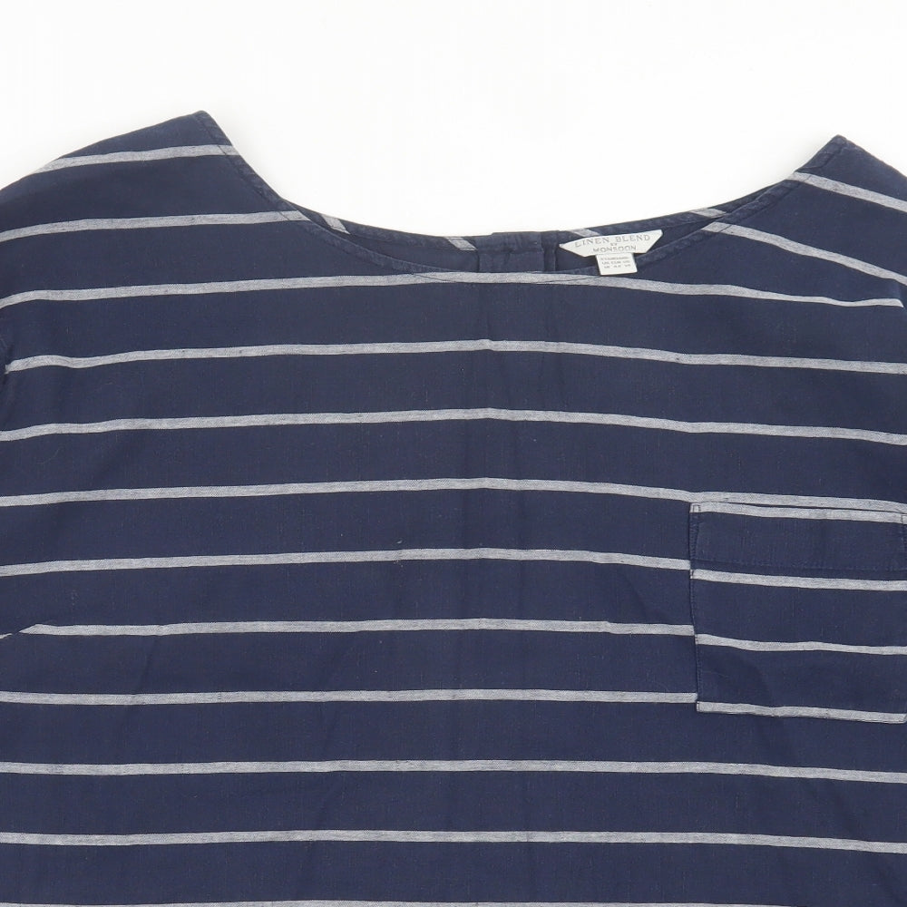 Monsoon Womens Blue Striped Linen Basic T-Shirt Size 18 Crew Neck - Pocket Detail