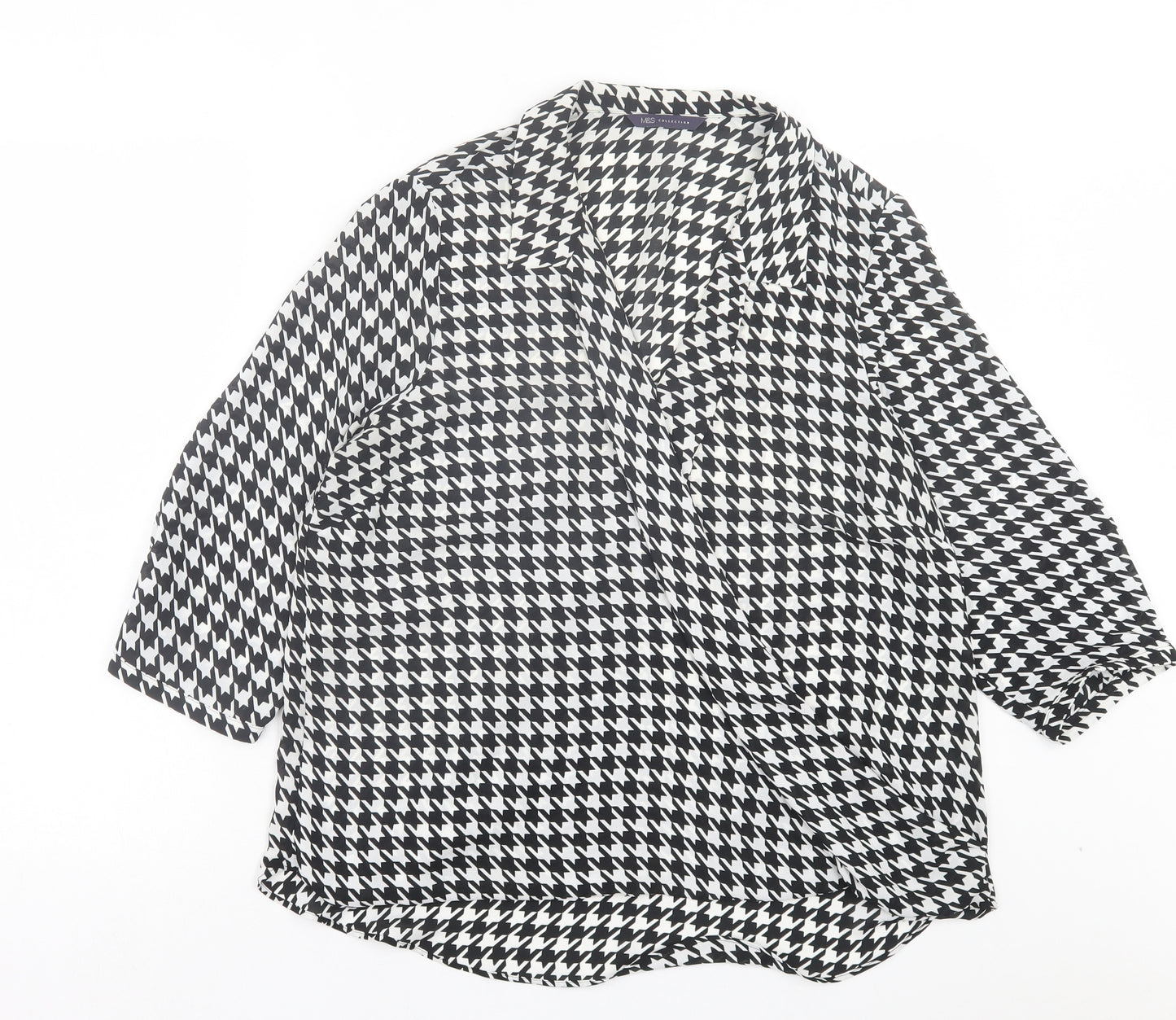 Marks and Spencer Womens Black Herringbone Polyester Basic Blouse Size 14 V-Neck
