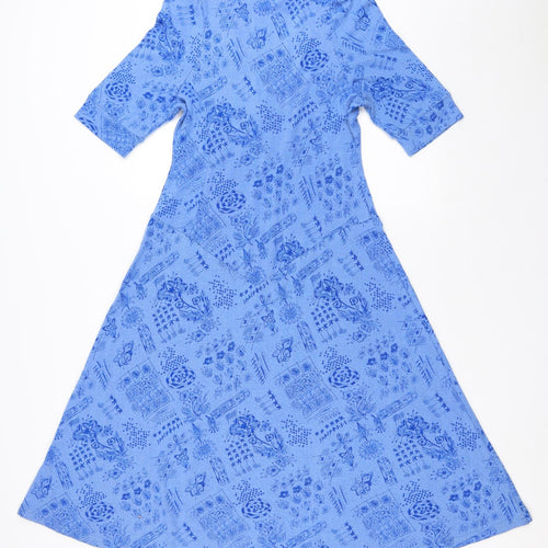 Patra Womens Blue Floral Silk Fit & Flare Size M V-Neck Button