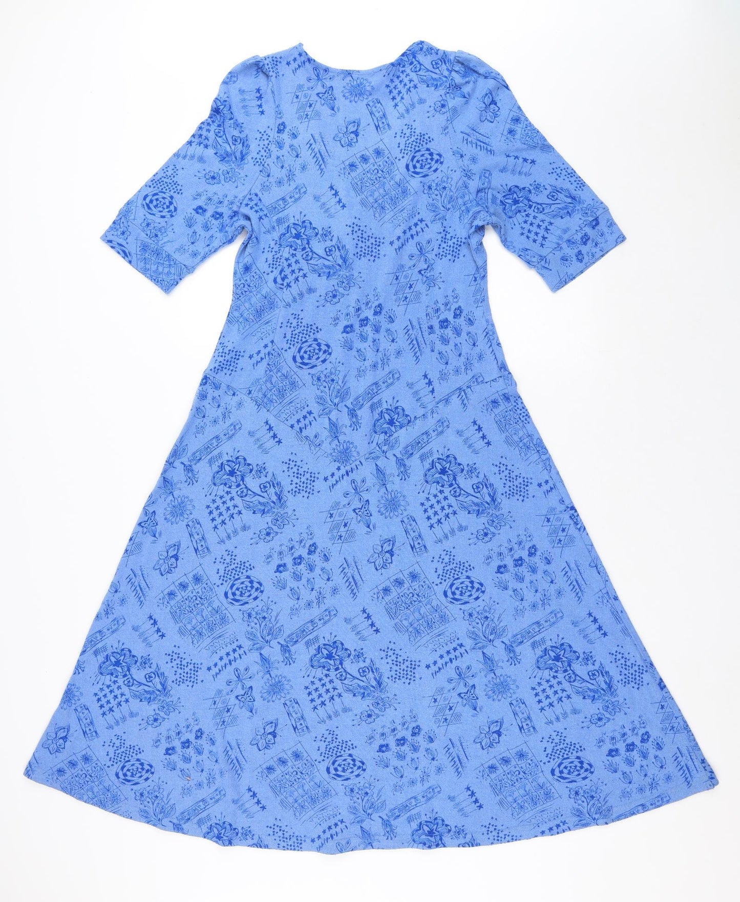 Patra Womens Blue Floral Silk Fit & Flare Size M V-Neck Button