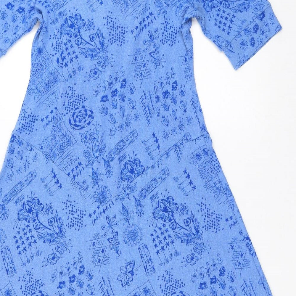 Patra Womens Blue Floral Silk Fit & Flare Size M V-Neck Button