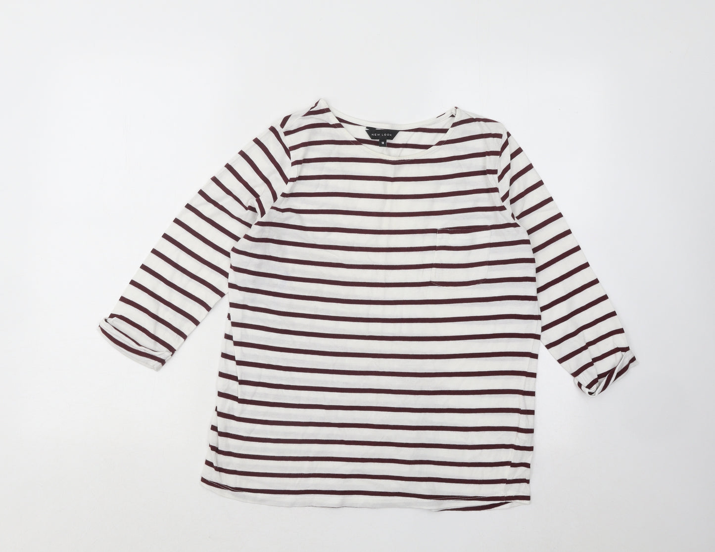 New Look Womens White Striped Cotton Basic T-Shirt Size 10 Round Neck