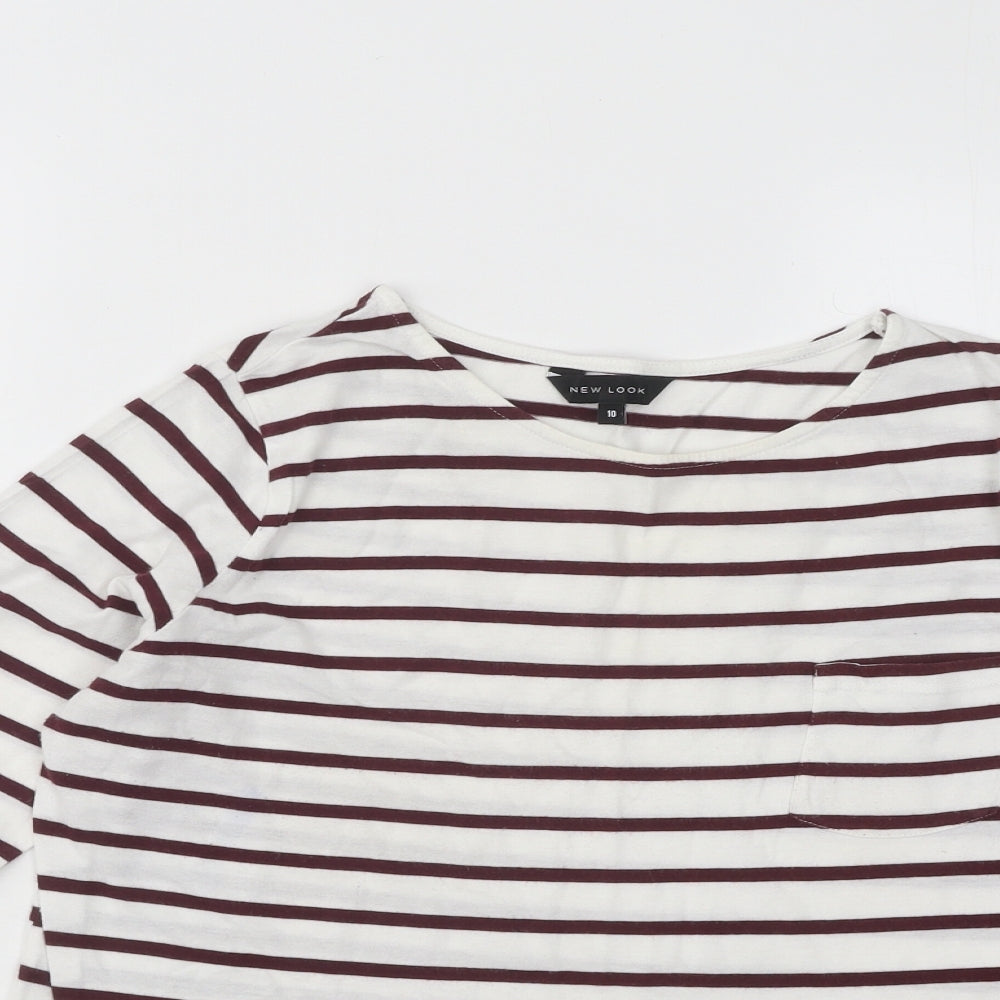 New Look Womens White Striped Cotton Basic T-Shirt Size 10 Round Neck