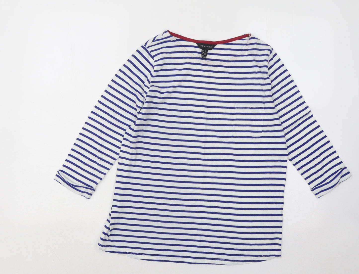 New Look Womens White Striped Cotton Basic T-Shirt Size 10 Round Neck
