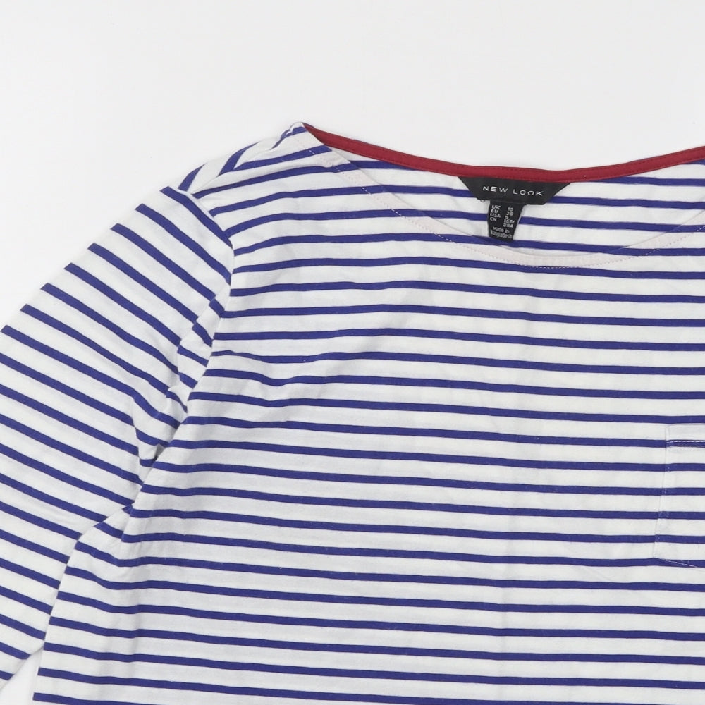 New Look Womens White Striped Cotton Basic T-Shirt Size 10 Round Neck