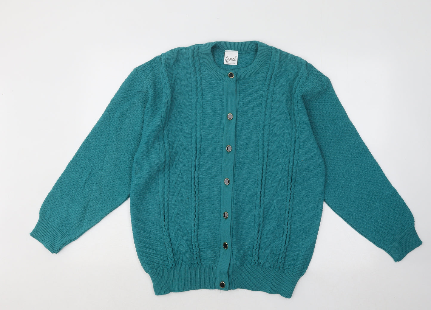 Capers Womens Blue Round Neck Geometric Acrylic Cardigan Jumper Size XL