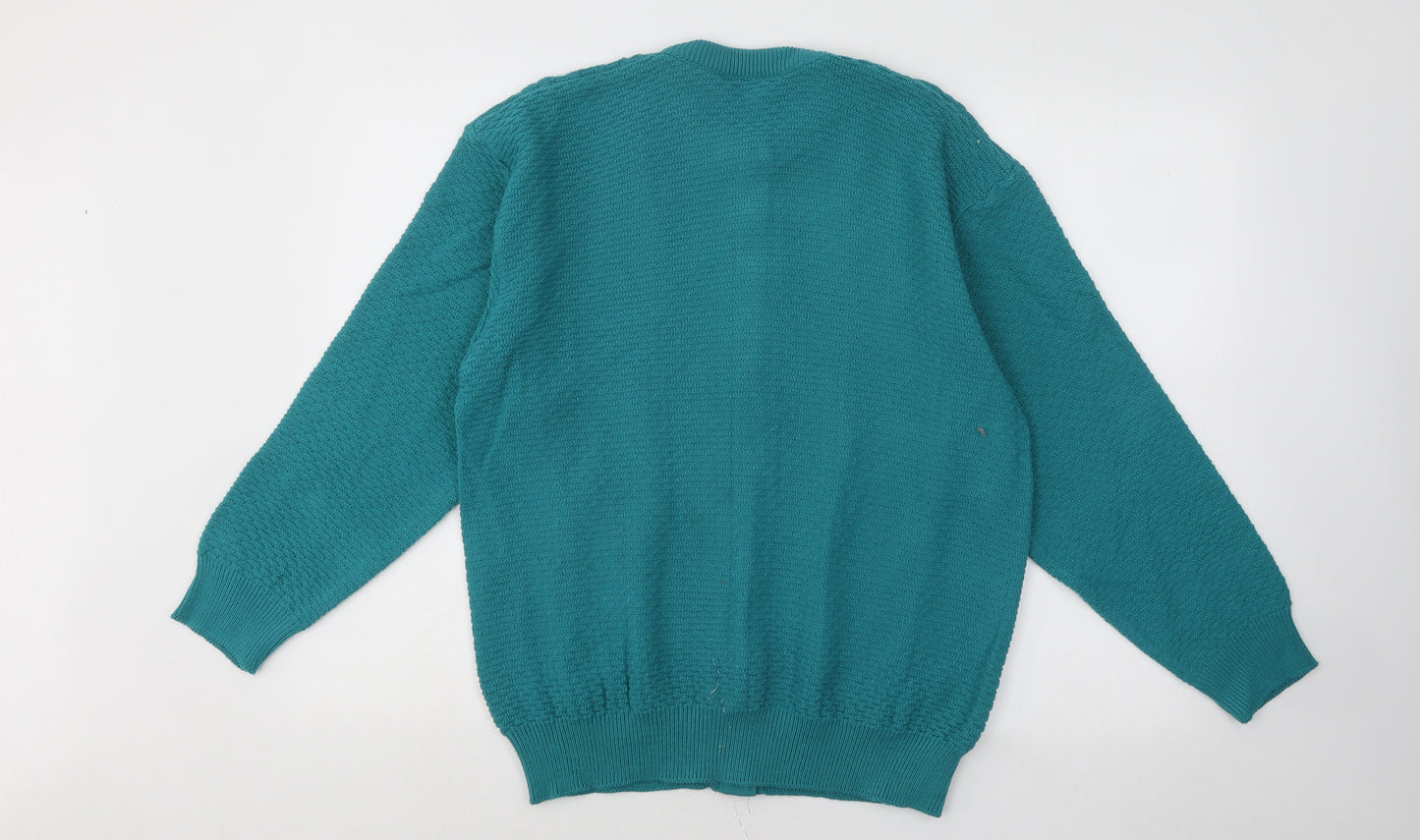 Capers Womens Blue Round Neck Geometric Acrylic Cardigan Jumper Size XL