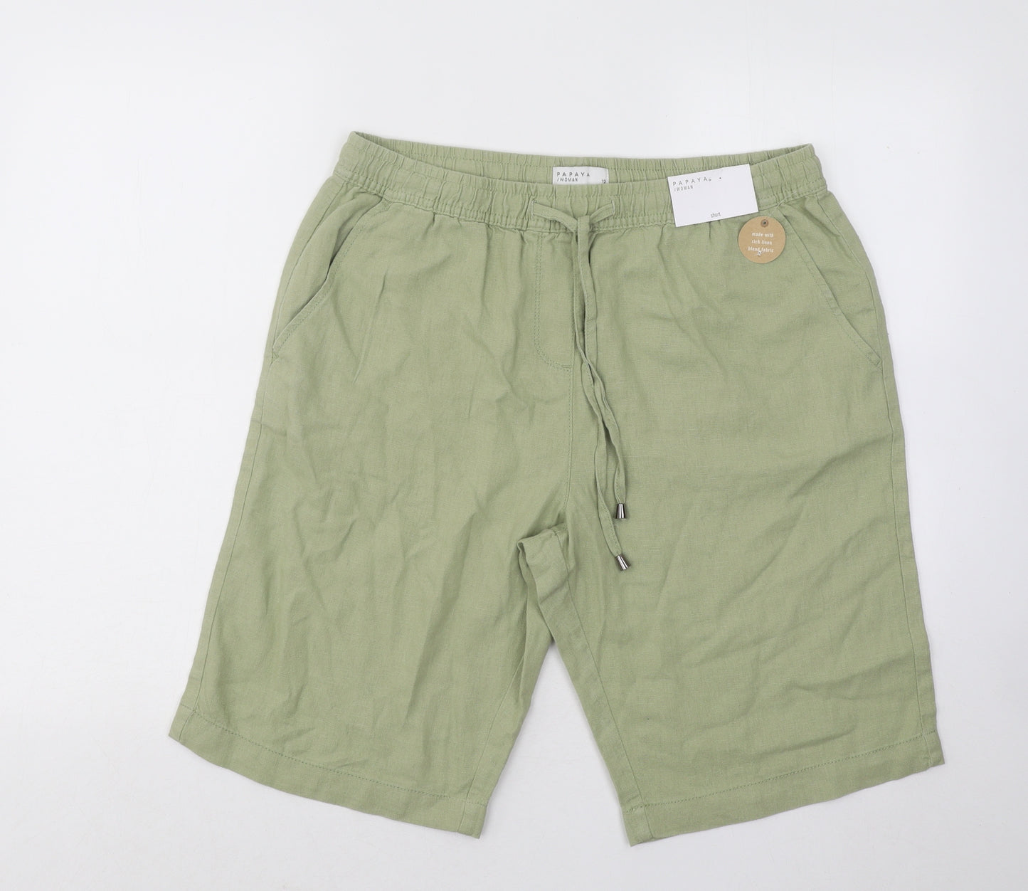 Papaya Womens Green Linen Sweat Shorts Size 12 Regular Drawstring