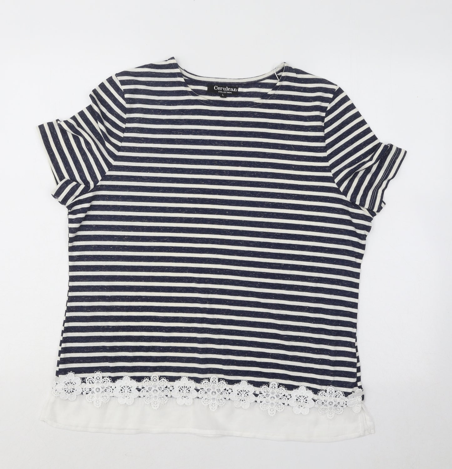 Cerulean Womens Blue Striped Polyester Basic T-Shirt Size L Round Neck