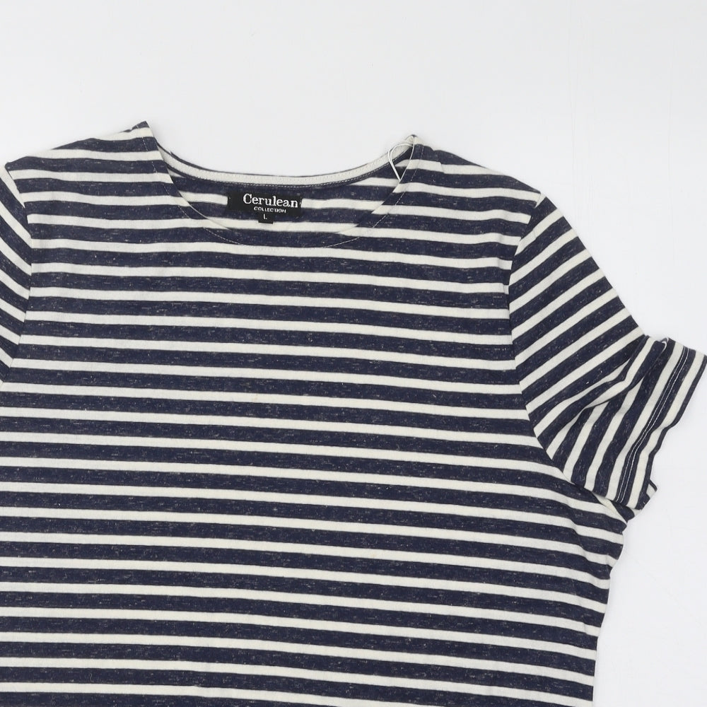 Cerulean Womens Blue Striped Polyester Basic T-Shirt Size L Round Neck