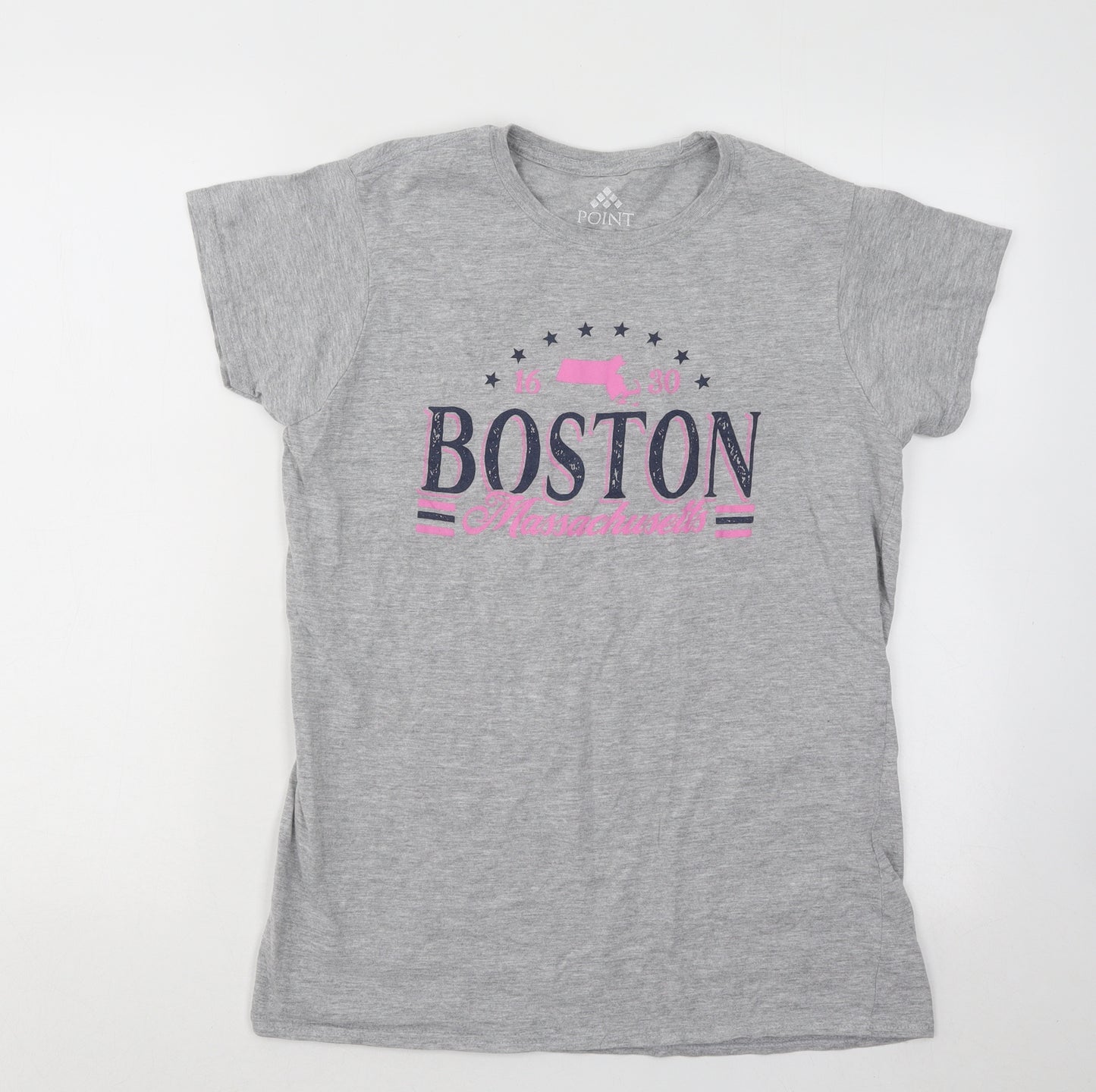 Point Womens Grey Polyester Basic T-Shirt Size L Round Neck - Boston