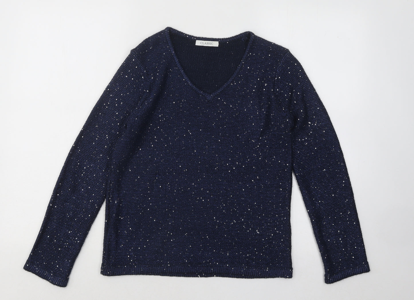 Marks and Spencer Womens Blue V-Neck Geometric Acrylic Pullover Jumper Size 8
