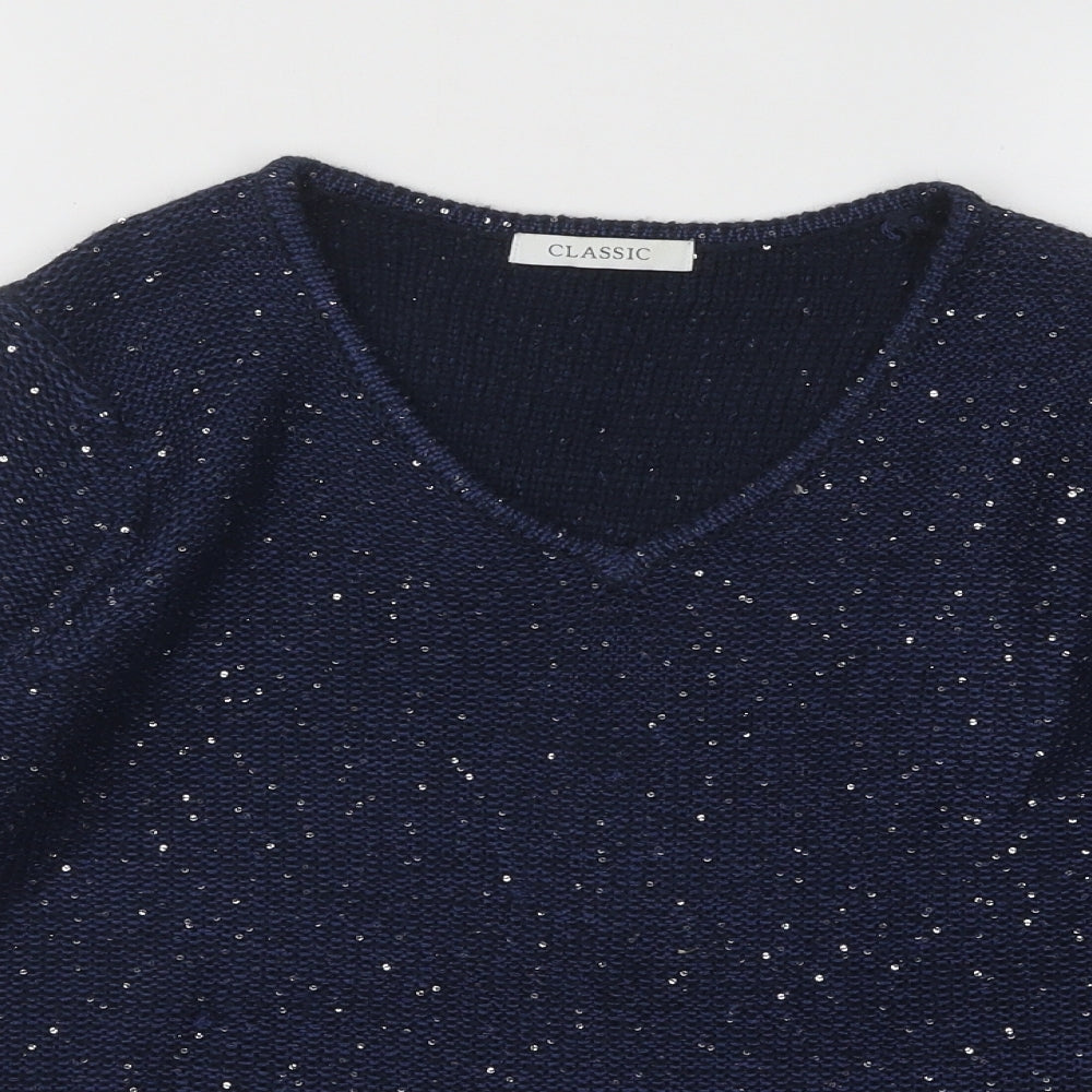 Marks and Spencer Womens Blue V-Neck Geometric Acrylic Pullover Jumper Size 8