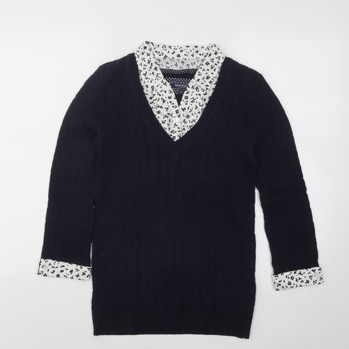 Maine Womens Blue Collared Geometric Cotton Pullover Jumper Size 10