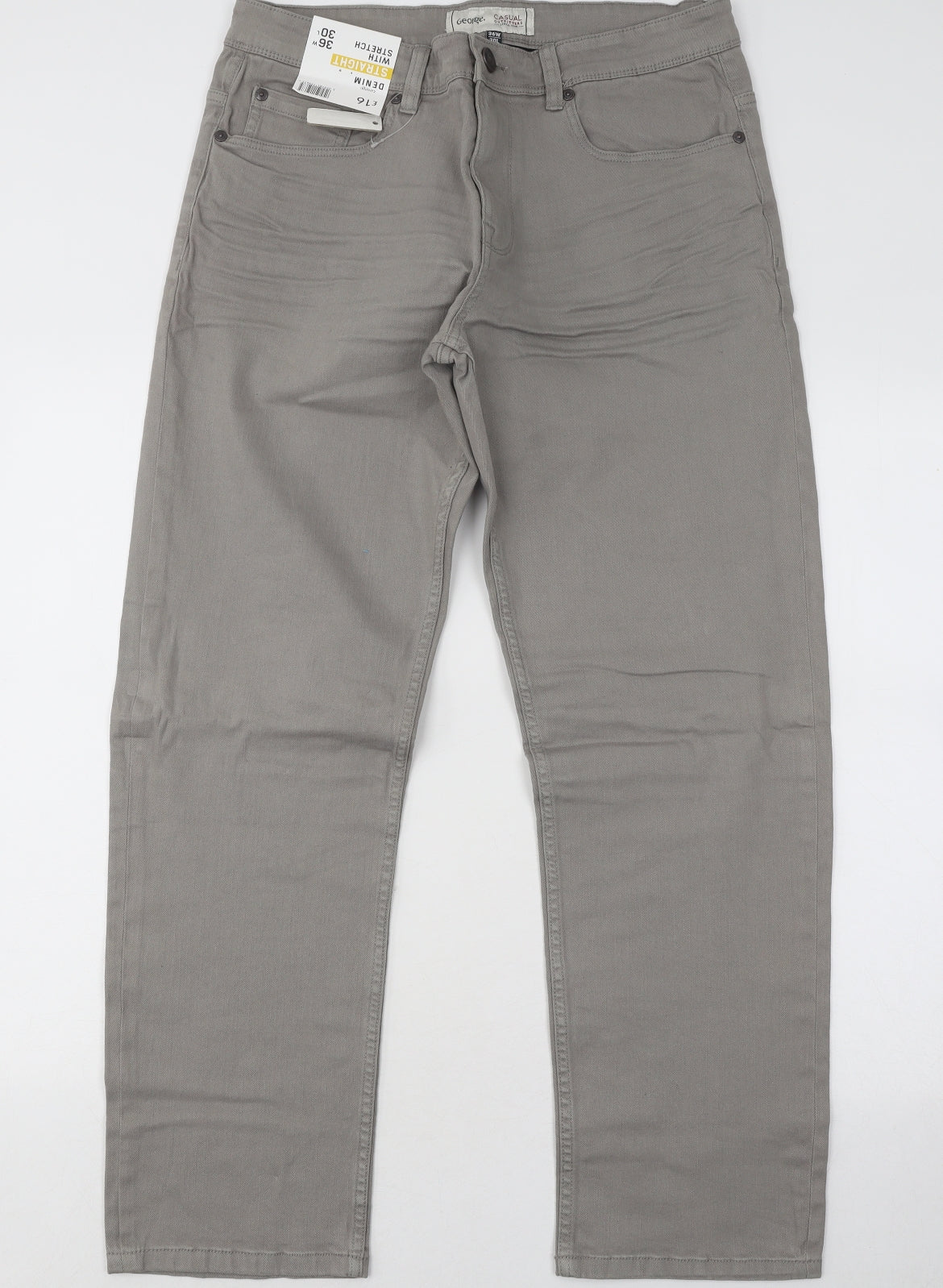 George Mens Grey Cotton Straight Jeans Size 36 in L30 in Regular Button
