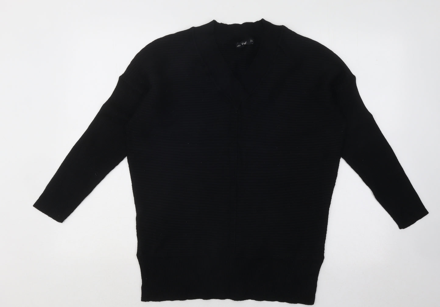 F&F Womens Black V-Neck Viscose Pullover Jumper Size 14 - Ribbed