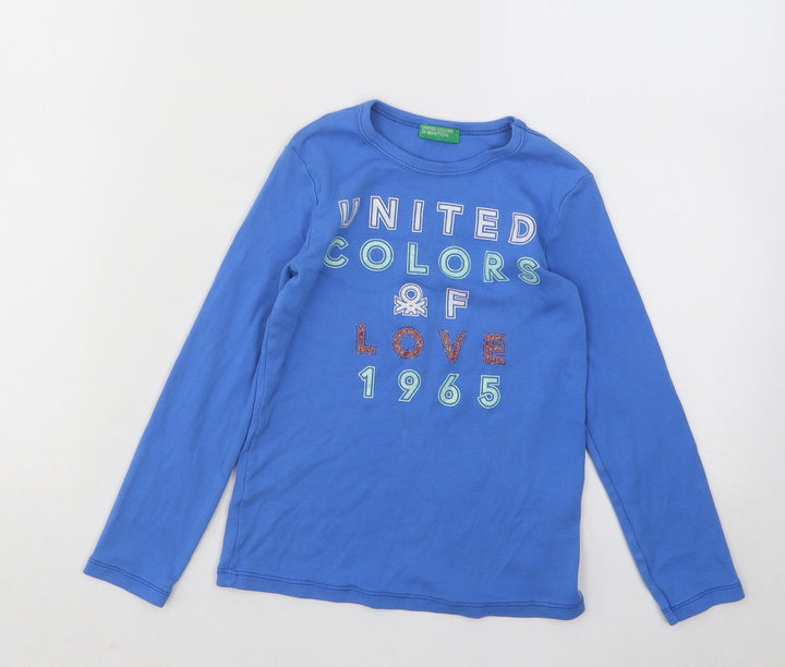 United Colors of Benetton Girls Blue Cotton Basic T-Shirt Size 6-7 Years Round Neck Pullover