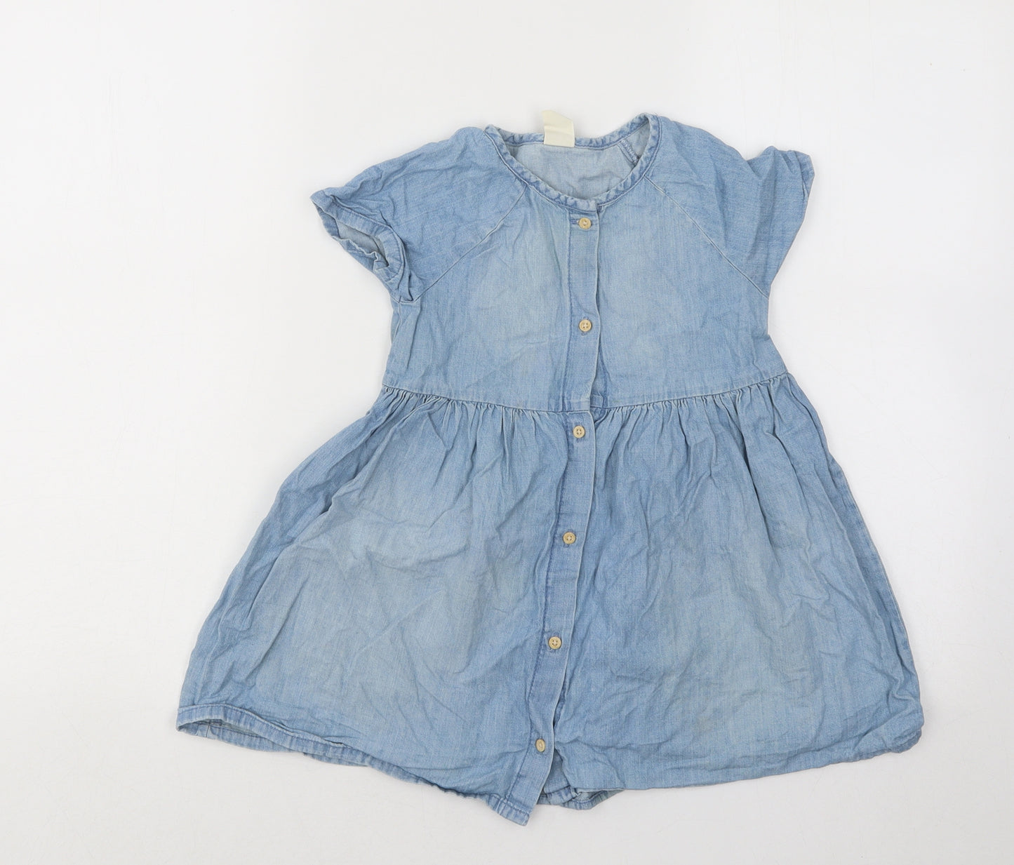 H&M Girls Blue Cotton Skater Dress Size 2-3 Years Round Neck Button