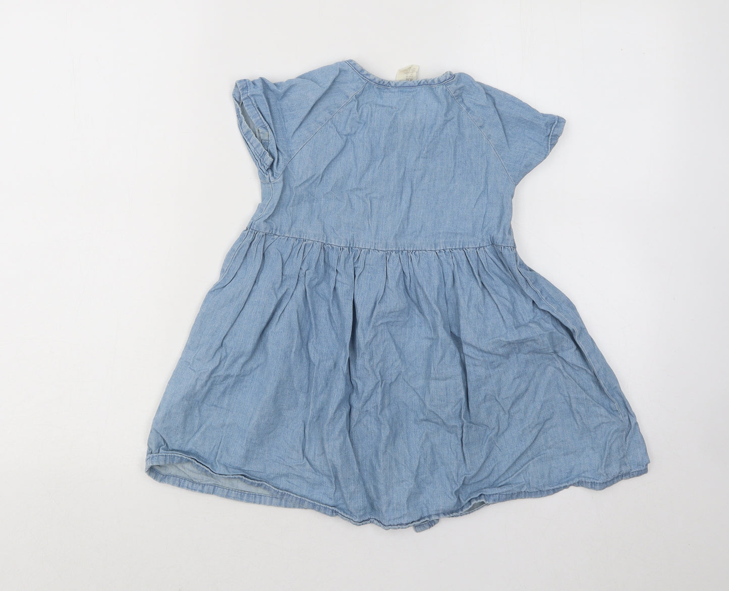 H&M Girls Blue Cotton Skater Dress Size 2-3 Years Round Neck Button