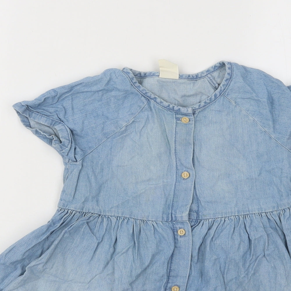 H&M Girls Blue Cotton Skater Dress Size 2-3 Years Round Neck Button