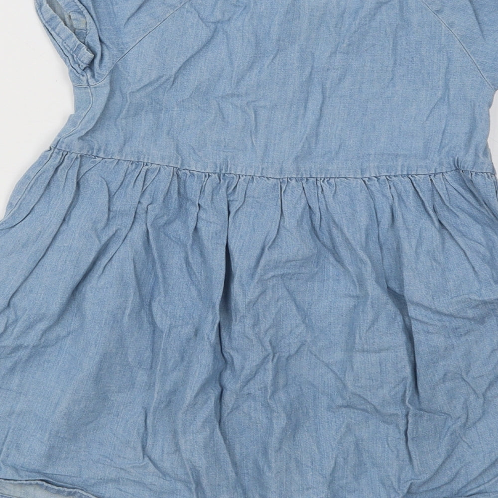 H&M Girls Blue Cotton Skater Dress Size 2-3 Years Round Neck Button