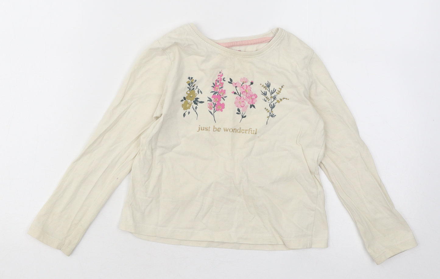 Primark Girls Beige Cotton Basic T-Shirt Size 4-5 Years Round Neck Pullover - Just Be Wonderful Flowers