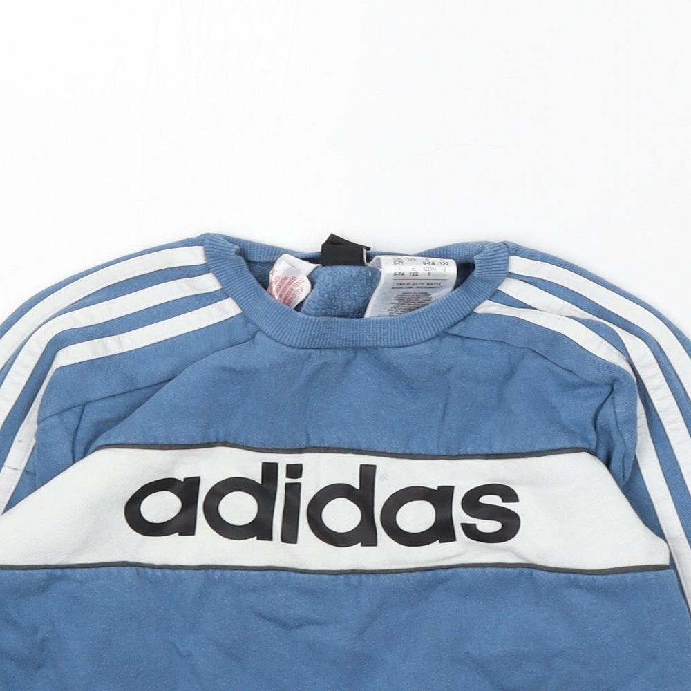 adidas Boys Blue Striped Cotton Pullover Sweatshirt Size 6-7 Years