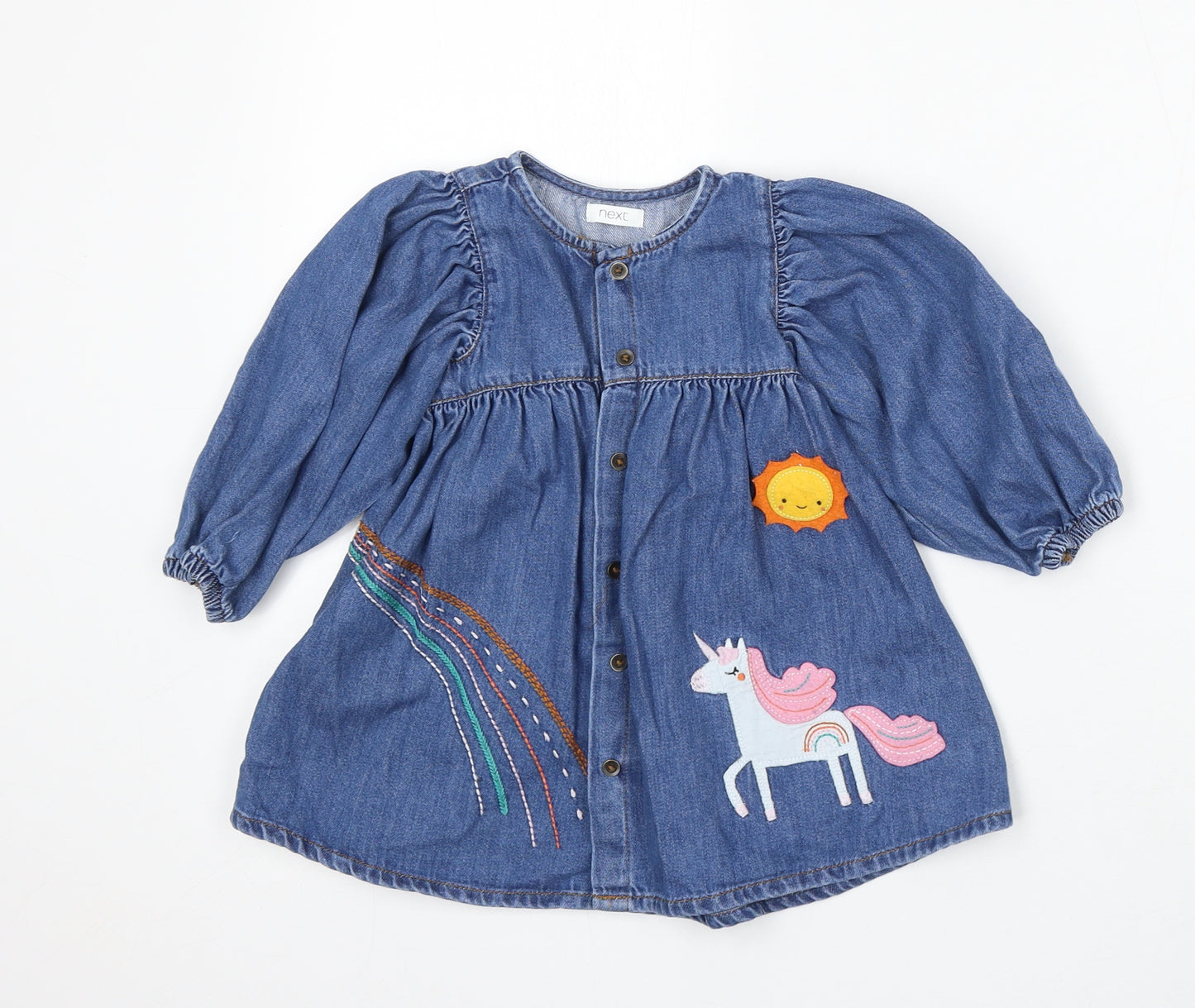 NEXT Girls Blue Cotton Skater Dress Size 12-18 Months Round Neck Button - Unicorn