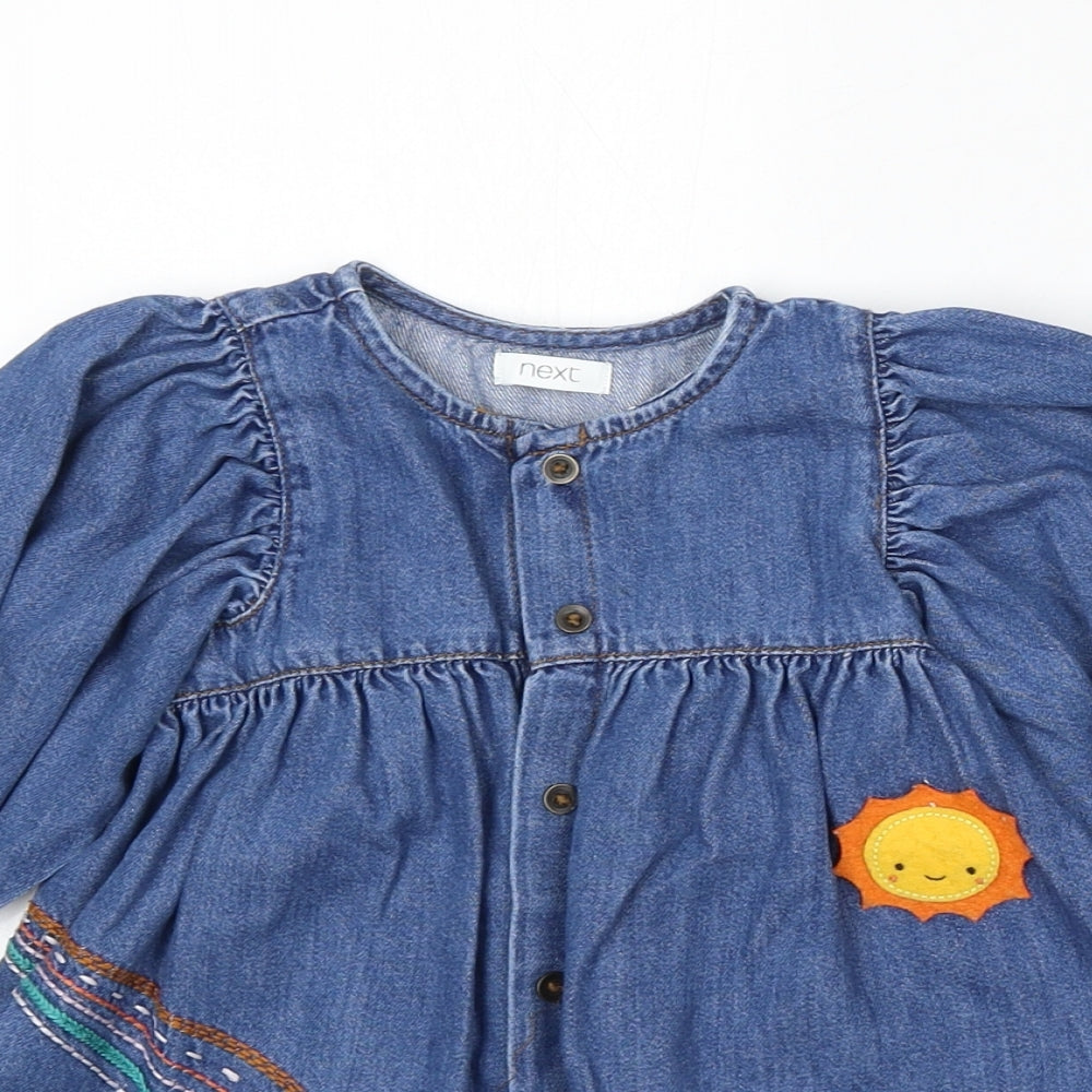 NEXT Girls Blue Cotton Skater Dress Size 12-18 Months Round Neck Button - Unicorn