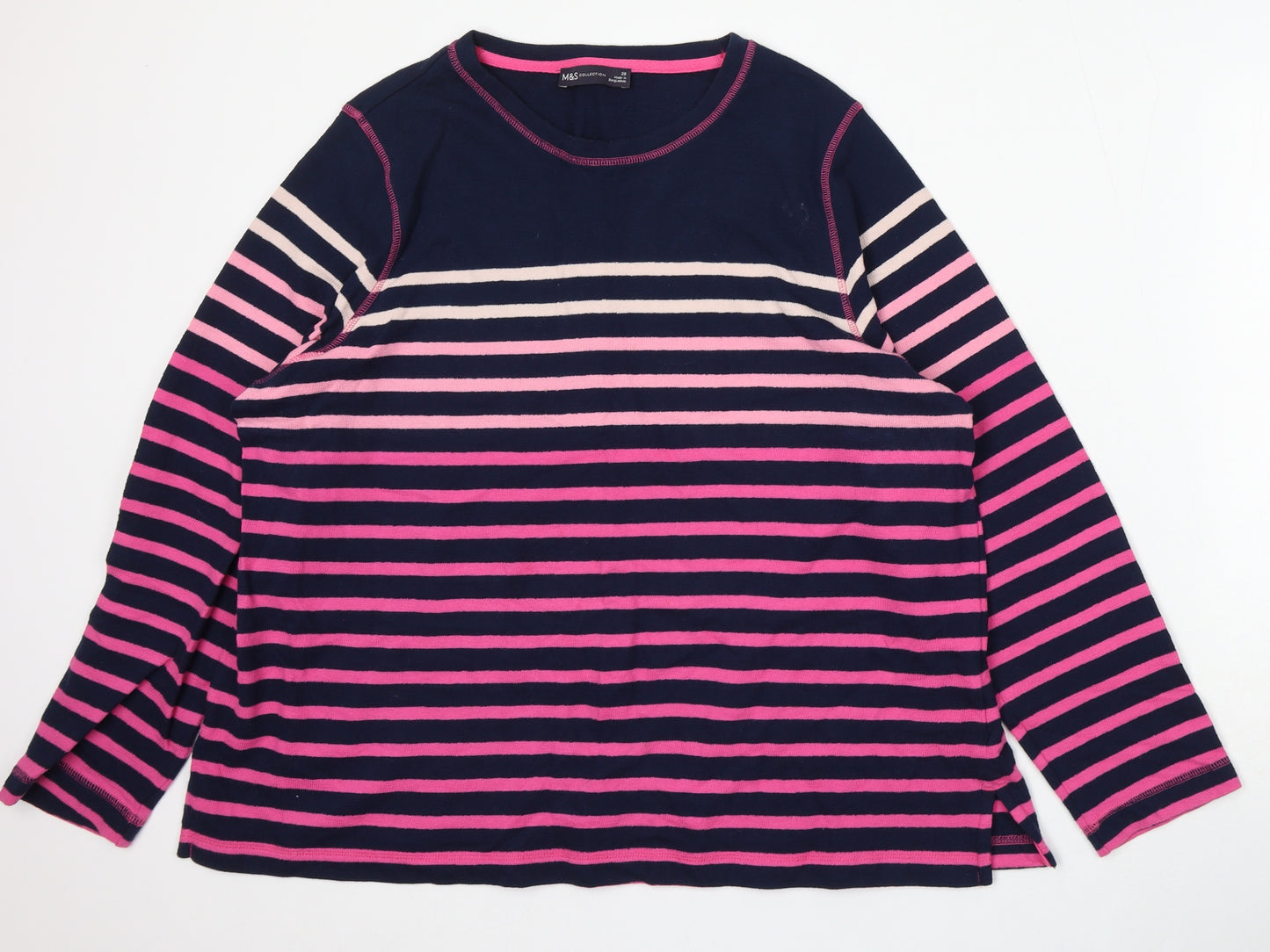 Marks and Spencer Womens Blue Round Neck Striped Cotton Pullover Jumper Size 20