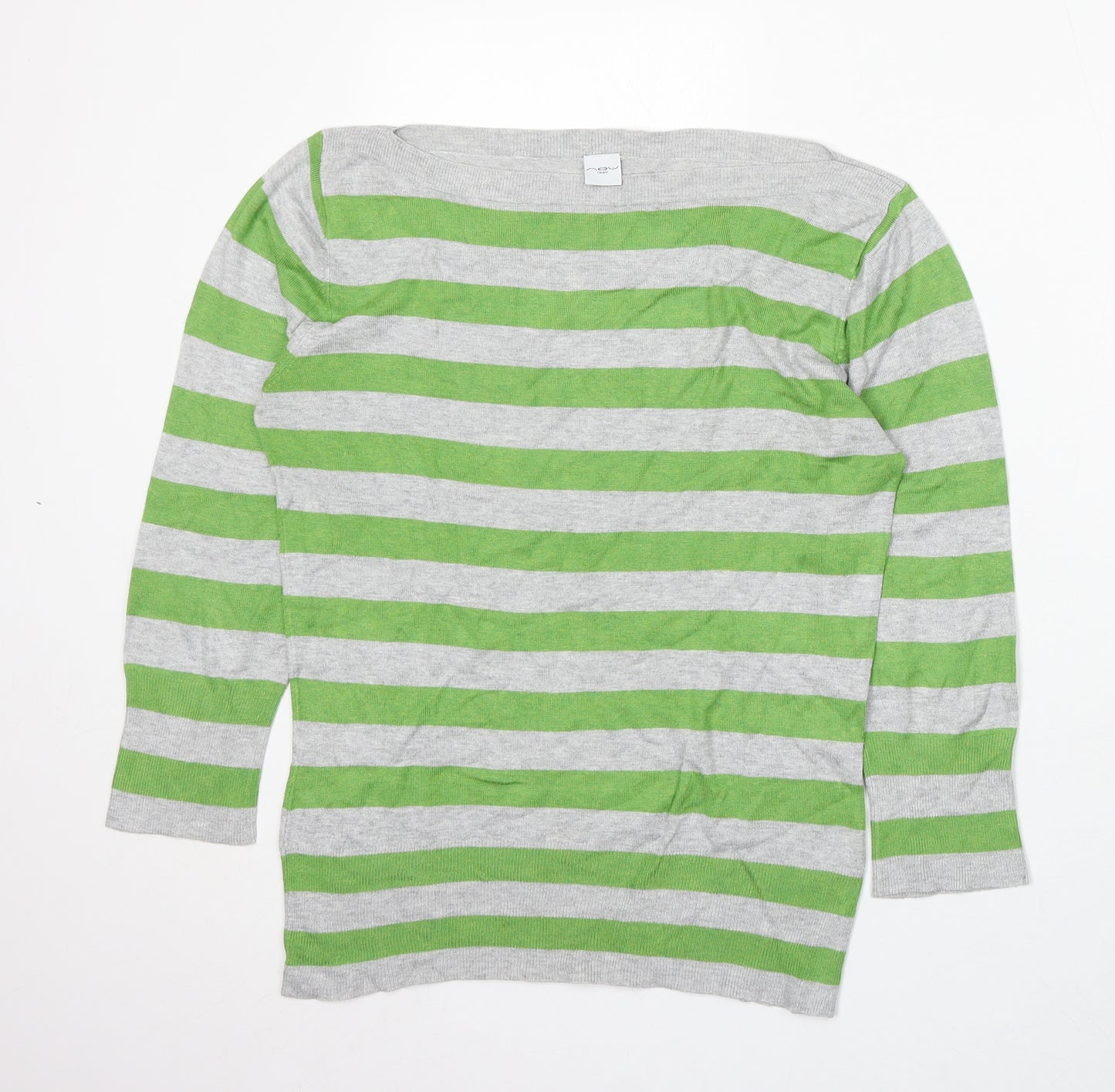 New Look Womens Grey Boat Neck Striped Acrylic Pullover Jumper Size 12